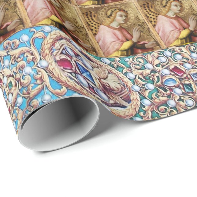 ANNUNCIATION ANGEL ,RED BLUE GEMS,PRECIOUS JEWELS WRAPPING PAPER (Roll Corner)