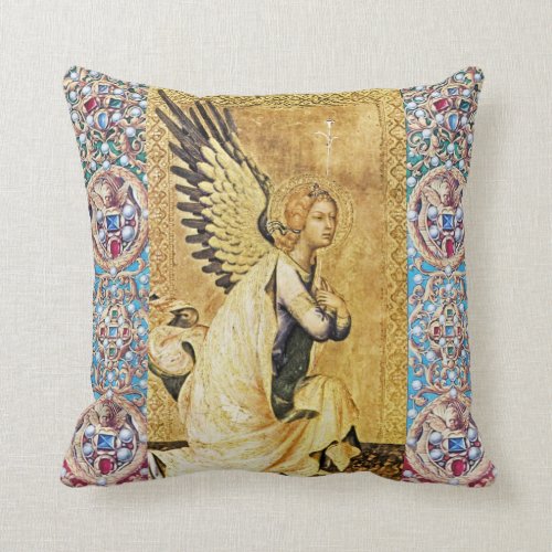 ANNUNCIATION ANGEL WITH RED BLUE GEMSTONES,PEARLS THROW PILLOW ANNUNCIATION ANGEL WITH RED BLUE GEMSTONESPEARLS THROW PILLOW