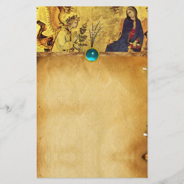 ANNUNCIATION ANGEL WITH VIRGIN Parchment Blue Gem Stationery (Front)