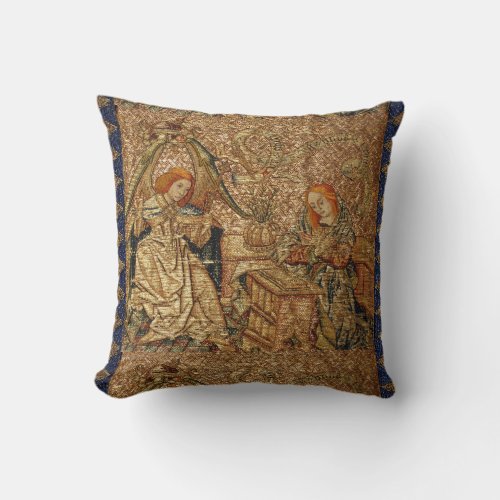 ANNUNCIATION ANTIQUE GOLD BLUE EMBROIDERY THROW PILLOW