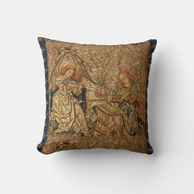 ANNUNCIATION ANTIQUE GOLD BLUE EMBROIDERY THROW PILLOW (Front)