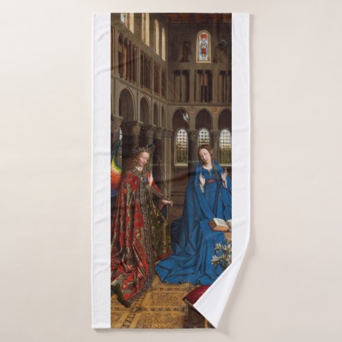 Annunciation by Jan van Eyck Bath Towel