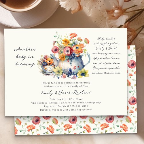 Another Baby is Brewing Floral Teapot Sprinkle Invitation