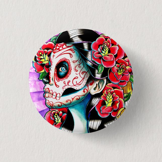 Another Time Sugar Skull Girl Button (Front)