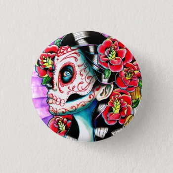 Another Time Sugar Skull Girl Button by NeverDieArt at Zazzle