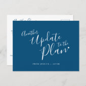 Another update to plan blue white heart wedding announcement postcard (Front/Back)
