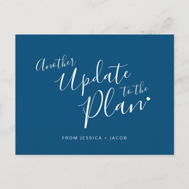 Another update to plan blue white heart wedding announcement postcard (Front)