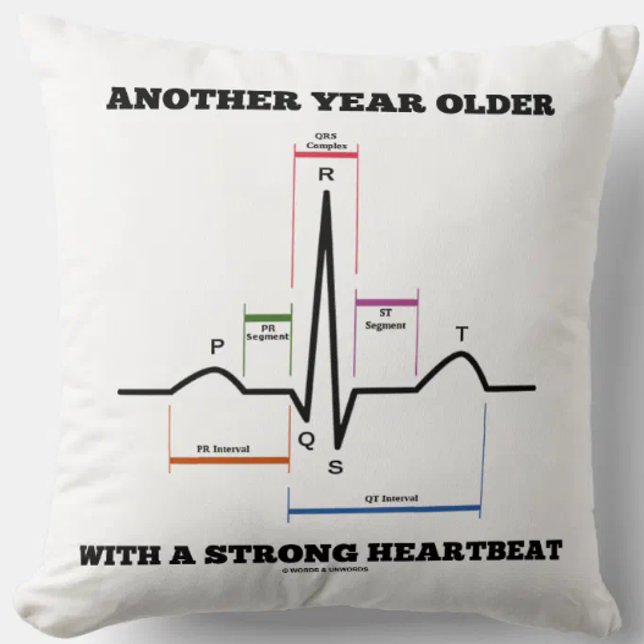 Another Year Older With A Strong Heartbeat ECG/EKG Throw Pillow (Throw pillow featuring normal sinus rhythm on electrocardiogram for anyone's birthday!)