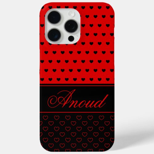 Anoud _ Custom Name Red And Black Hearts Pattern iPhone 15 Pro Max Case