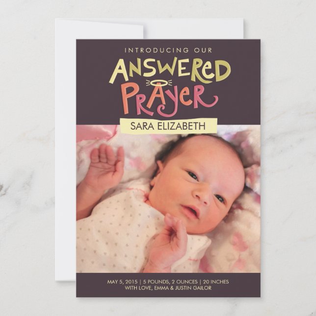 Answered Prayer Girls Birth Announcement (Front)