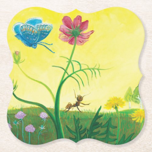 Ant and butterfly on a summer meadow Illustration Paper Coaster