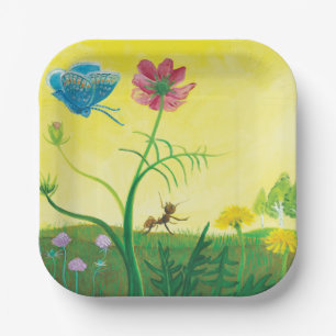 Ant and butterfly on a summer meadow Illustration Paper Plates