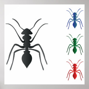 Ant Silhouettes Insects Black Blue Green and Red Poster