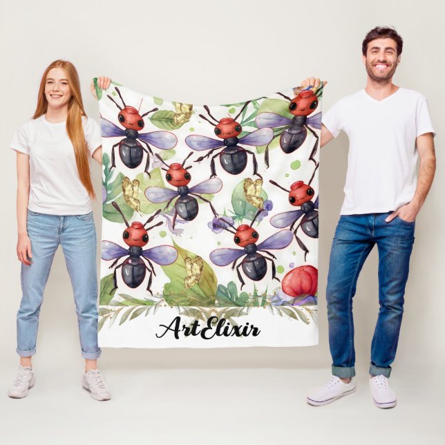 Ant Watercolor Gold Print Fleece Blanket (In Situ)