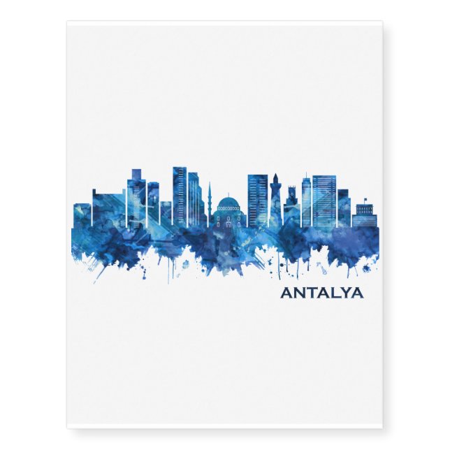 Antalya Turkey Skyline Blue Temporary Tattoos (Front)