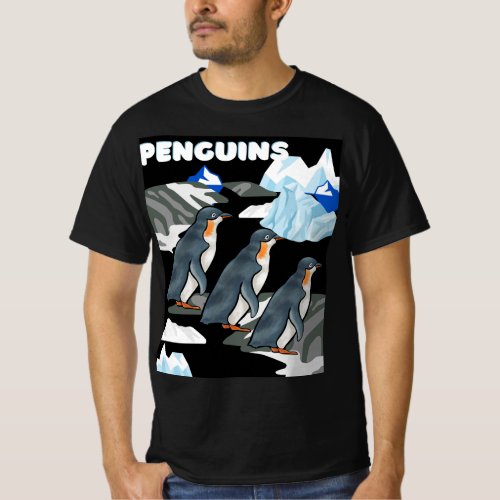Antarctic Penguin Parade On Black Icey Background  T_Shirt