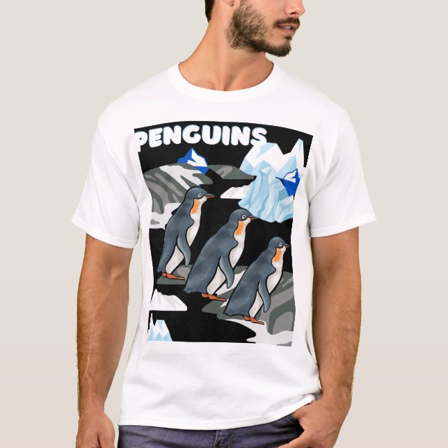 Antarctic Penguin Parade On Black Icey Background  T-Shirt (Front)