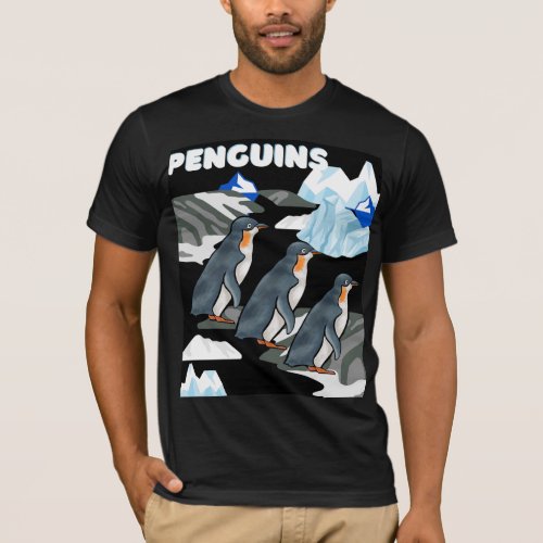 Antarctic Penguin Parade On Black Icey Background  T_Shirt