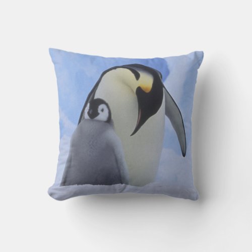 Antarctica Emperor penguins and chick Throw Pillow