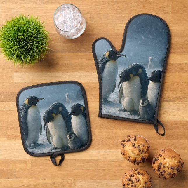 Antarctica, huddle emperor, penguin family met and oven mitt & pot holder set (Top Down)