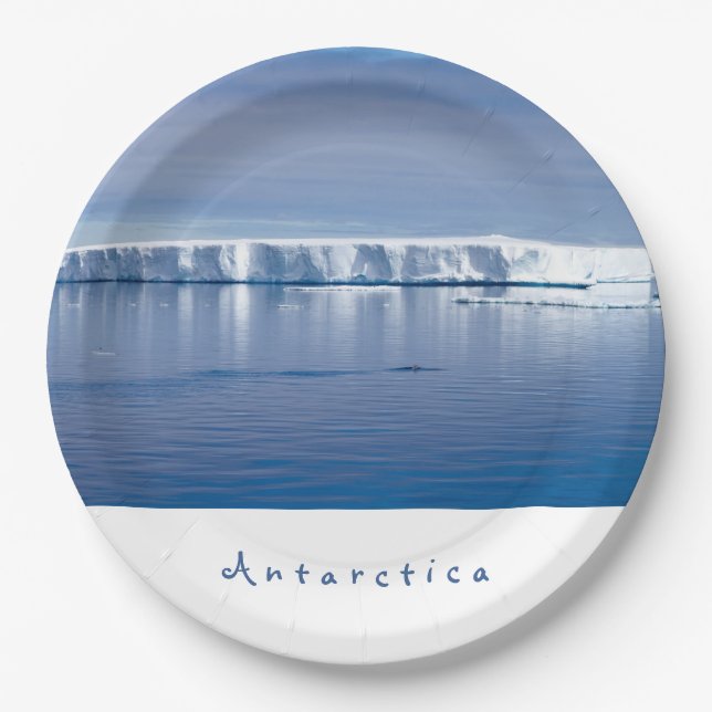 Antarctica iceberg landscape photo with white text paper plates (Front)