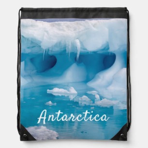 Antarctica iceberg photo with text drawstring bag