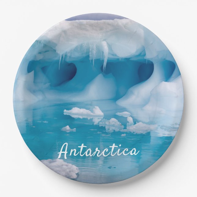 Antarctica iceberg photo with text paper plates (Front)