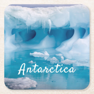 Antarctica iceberg photo with text square paper coaster