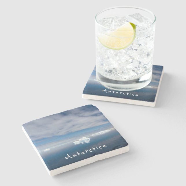 Antarctica landscape floating ice photo with text stone coaster (Side)