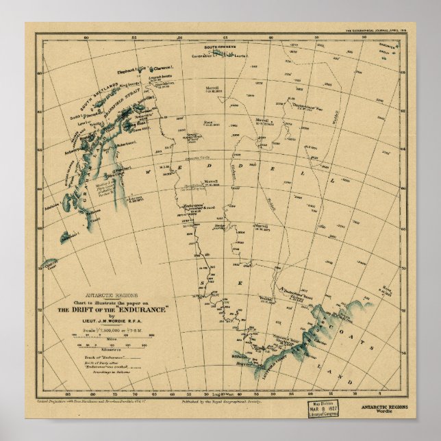 Antartic Regions "Drift of the Endurance" 1918 Map Poster (Front)