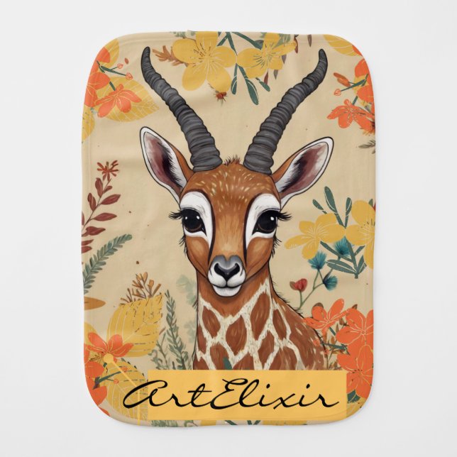 Antelope Floral Drawing Baby Burp Cloth (Front)