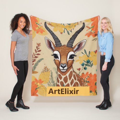 Antelope Floral Drawing  Fleece Blanket