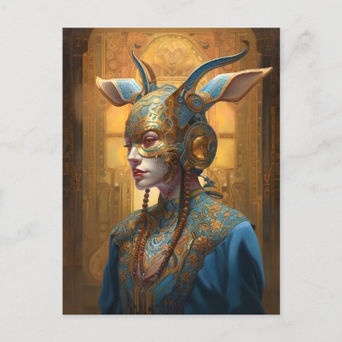 Antelope Mask Headdress Fantasy Blue Gold Postcard