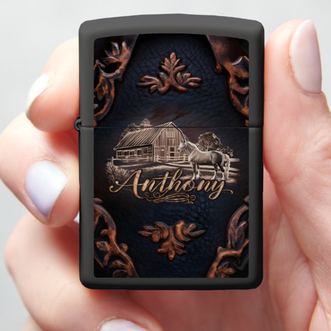 Anthony's Engraved Barn & Horse Design Zippo Lighter (In Hand)