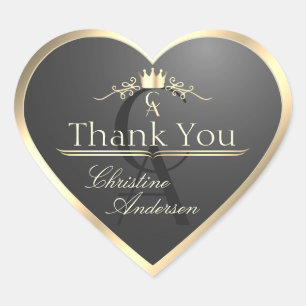 Anthracite and Gold Border Monogram Cute Thank You Heart Sticker