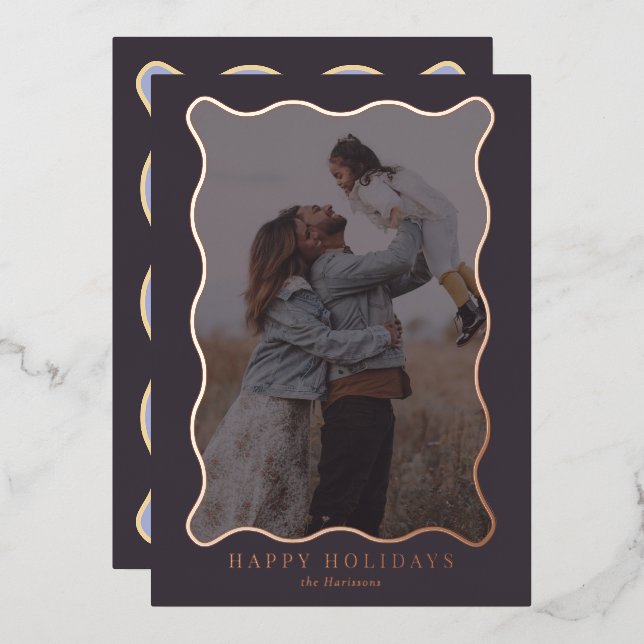 Anthracite Purple Wavy Frame Holiday Photo card (Front/Back)