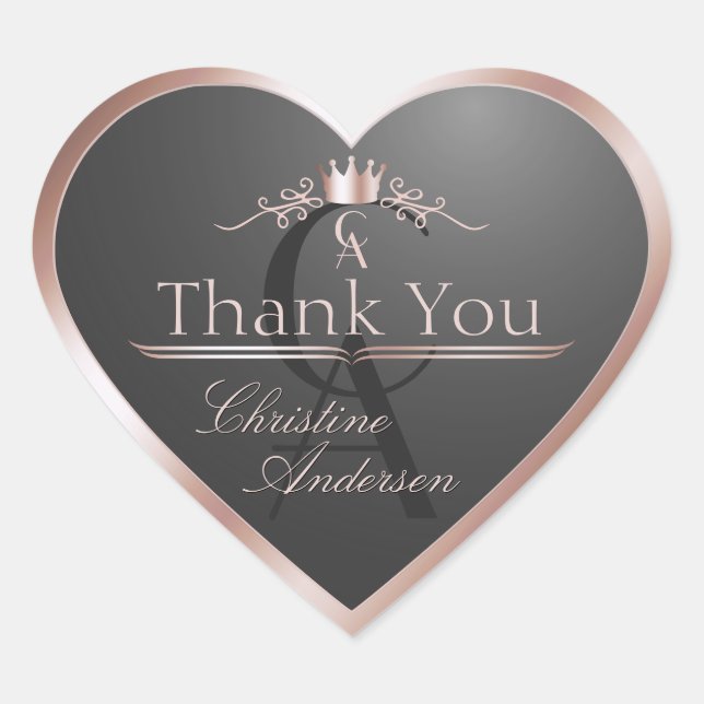 Anthracite with Rose Gold Frame Monogram Thank You Heart Sticker (Front)