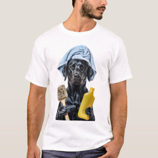 Anthropomorphic Black Labrador Wearing Towel Holdi T-Shirt