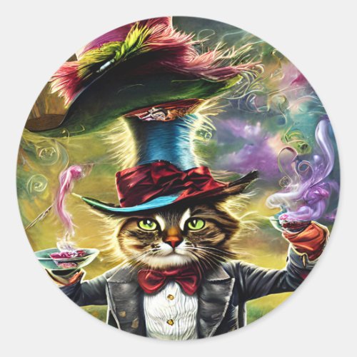  anthropomorphic Cat Mad Hatter Fantasy Fairytale  Classic Round Sticker