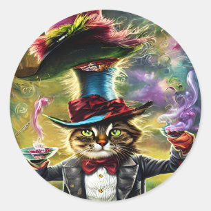 anthropomorphic Cat Mad Hatter Fantasy Fairytale Classic Round Sticker
