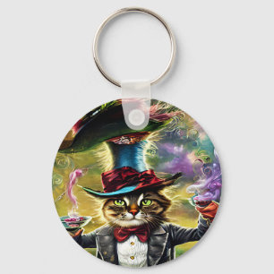 anthropomorphic Cat Mad Hatter Fantasy Fairytale Keychain