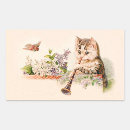 Anthropomorphic Cat Playing Horn _ Vintage Art Rectangular Sticker