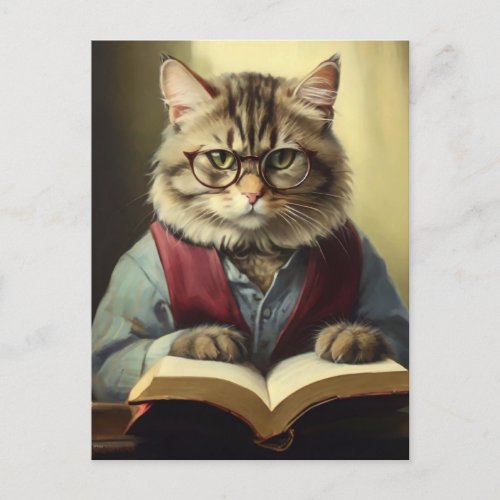 anthropomorphic cat reading a book  postcard