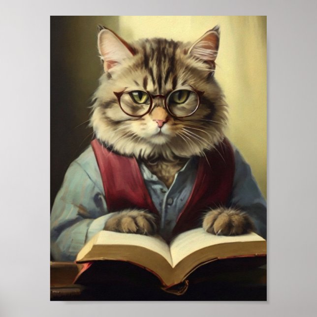 anthropomorphic cat reading a book  poster (Front)