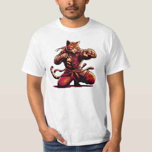 Anthropomorphic fighting cat depicted in red rendi T_Shirt