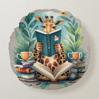 anthropomorphic Giraffe reading a book   Round Pillow