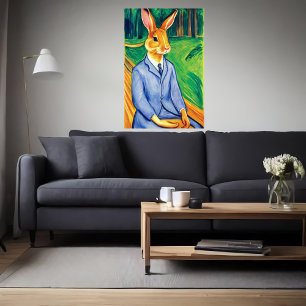 Anthropomorphic rabbit in  blue clothes   AI Art Poster
