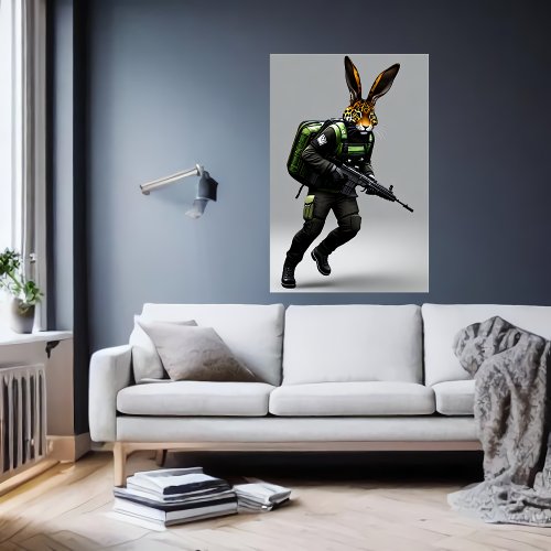 Anthropomorphic rabbit jaguar soldier  AI Art Poster