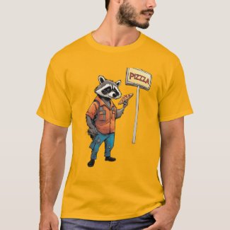 Anthropomorphic Raccoon eating  pizza in an alley