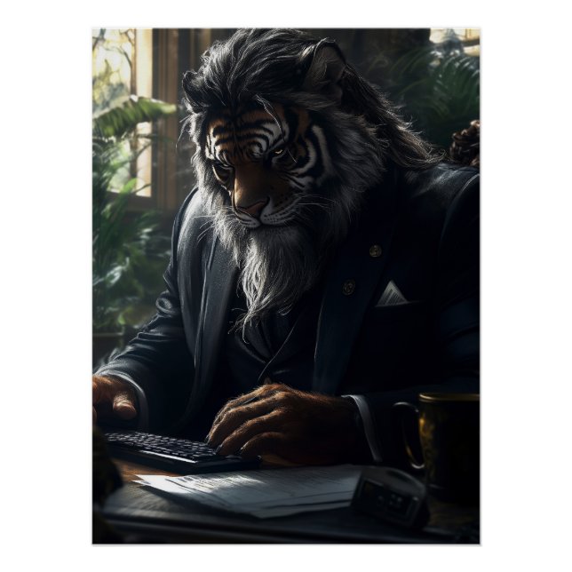 Anthropomorphic Tiger Businessman in a Study Poster (Front)